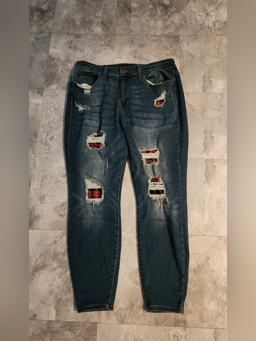 Judy Blue Skinny Fit Distressed Buffalo Plaid Patch Jeans Women's 18W Plus Size